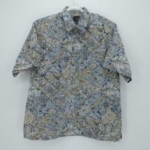 Go Barefoot Shirt Mens‎ XL Blue Beige Hawaiian Inside Out Print Pop Over Floral